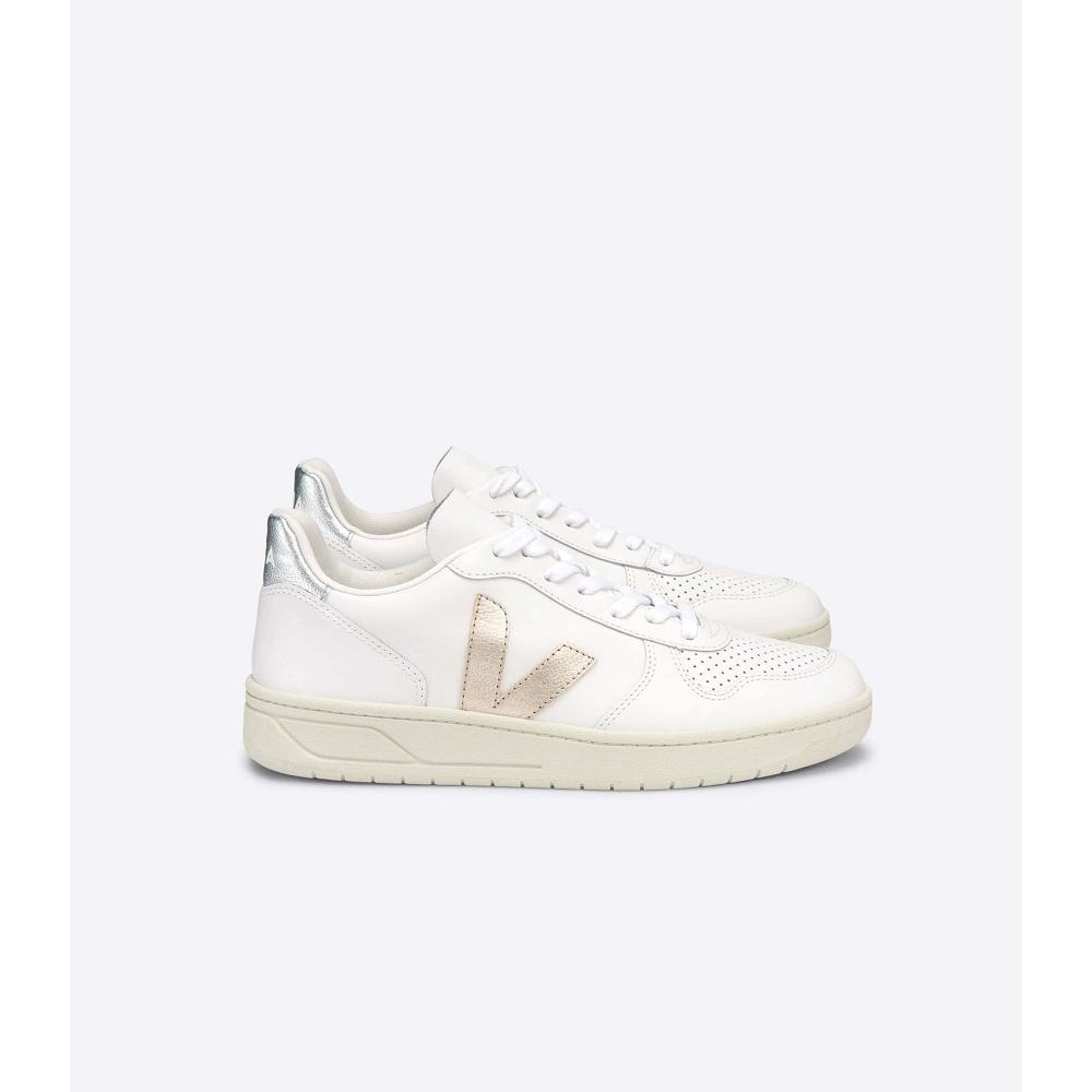 Veja V-10 LEATHER Sneakers Dames White/Silver | BE 650DFM